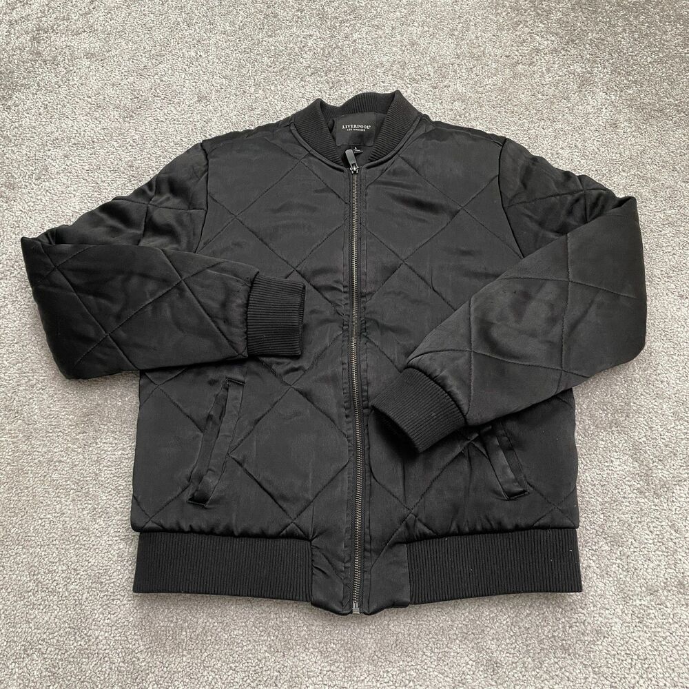 Liverpool Quilted Bomber Jacket Womens Small Black Full Zip Pocket Casual Preppy